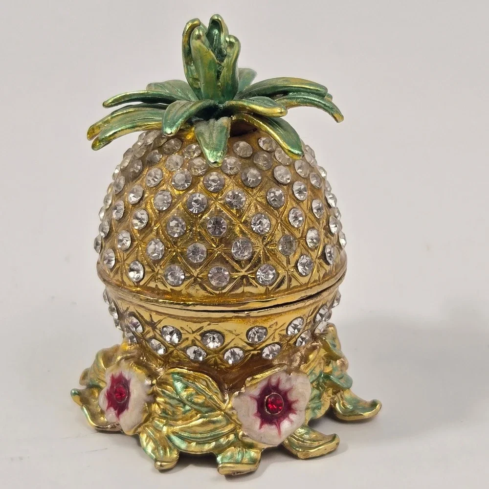 Vintage Gold Tone Rhinestone Pineapple Trinket Box Enameled Hinged Jewelry Case